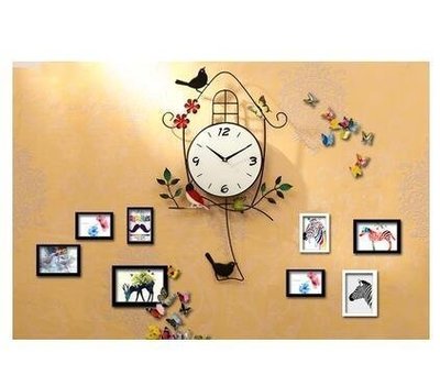 【超夯】【彩色小鳥 8木相框 彩蝶】創意掛鐘客廳歐式裝飾鐘錶小鳥田園時鐘CRD