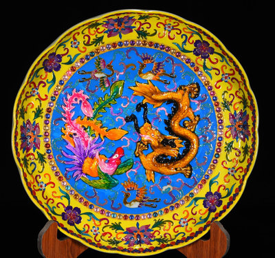 中國古瓷 汝瓷景泰藍掐絲龍鳳紋盤6*40n15000RT-3574