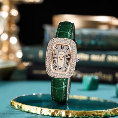 手錶小綠表帶手表女 時尚方形小表盤鑲鉆防水石英女士手表