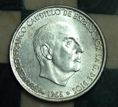 1966西班牙弗朗西斯科·佛朗哥100PTAS比塞塔銀幣*保真*