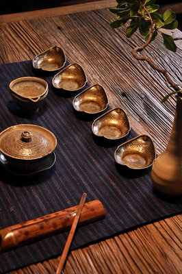 日本 一打出 手作 老銅 捶紋 茶托 五客