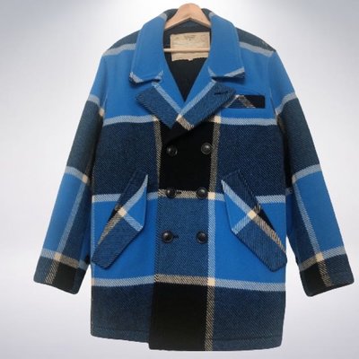 GDC 藍色 格紋 羊毛 雙排扣 大衣 防寒 保暖 日本 Vintage