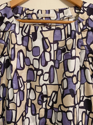 NANA 日本古著 普普藝術 撞色色塊花紋 短袖圓領 中長版上衣 日式藤鼠灰紫色