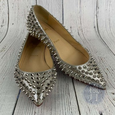 BRAND楓月 Christian Louboutin 銀色 金屬光 鉚釘 平底鞋 娃娃鞋 女鞋 #35.5