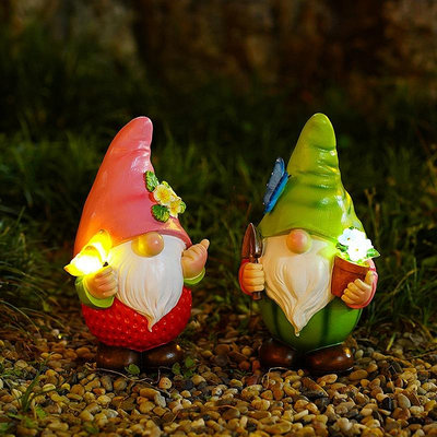 歐式地精靈庭院太陽能燈小矮人精品擺件 精美可愛萌趣花園戶外園林造景樹脂工藝品裝飾擺設