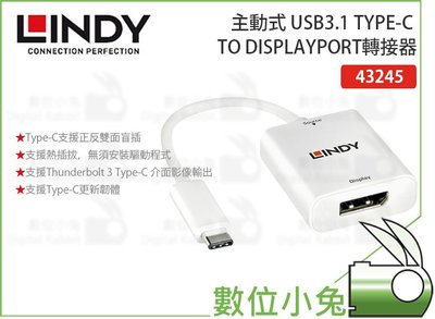 數位小兔【LINDY 林帝 主動式 USB3.1 TYPE-C TO DISPLAYPORT 轉接器】轉接器 雙面盲插