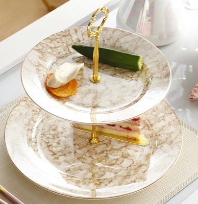 歐式 時尚棕色石紋雙層點心盤 蛋糕盤下午茶盤 陶瓷歐風擺盤 水果盤裝飾盤餐盤小物盤