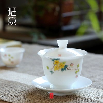 現貨熱銷-玉泥手繪白瓷三才蓋碗大號中式陶瓷茶具釉下彩茶碗敬茶杯~特價
