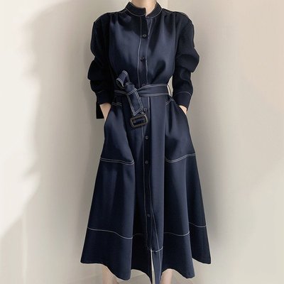 【熱賣精選】新款氣質優雅立領明線單排扣寬鬆綁帶風衣式連衣裙長裙