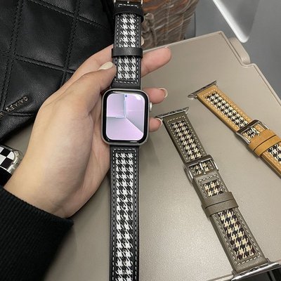皮革 + 尼龍錶帶, 適用於 Apple watch 錶帶 40mm 44mm iWatch 38mm 45mm 千鳥格