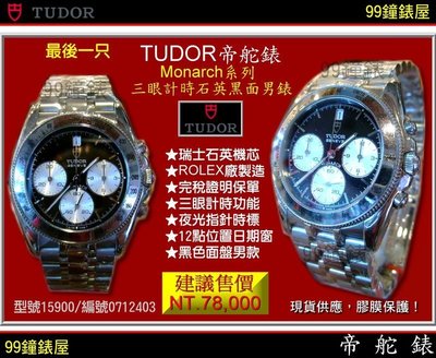 【99鐘錶屋】TUDOR帝舵錶：〈Monarch石英系列〉(15900)三眼計時黑面男款（僅剩一只特價出清）