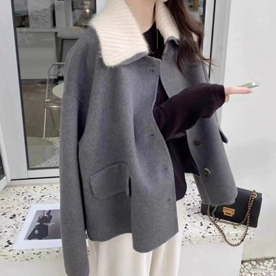 韓版 新款5色��雙層領子 雙面羊毛100%短版大衣 外套