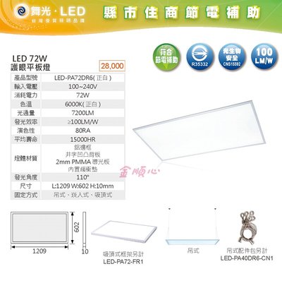 ☼金順心☼專業照明~舞光 LED 72W 超薄護眼平板燈 護眼 平板燈 輕鋼架 節能 補助 全電壓