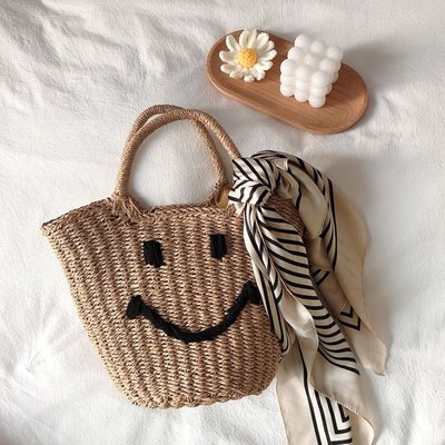 現貨 韓國ins復古手工編織笑臉包水桶手提袋草編可愛百搭度假沙灘包潮正品促銷