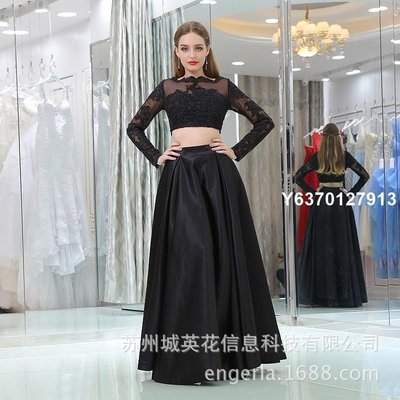 【熱賣精選】Engerla禮服2021wish新款黑色長袖鏤空蕾絲兩件套及地長禮服