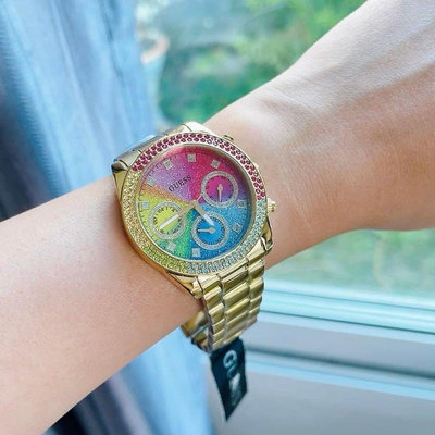GUESS Sol 水鑽圈 彩色錶盤 金色不鏽鋼錶帶 石英 女士手錶 GW0483L4