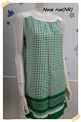 特價。日系Noue rue(NR)【全新專櫃商品】青綠色 甜美優雅款綠黑方格紋線條白緞邊圓領無袖洋裝/背心裙。F號