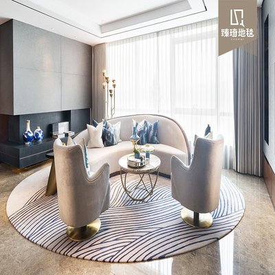 特賣-現代簡約美式輕奢圓形地毯客廳北歐高端定制藍色茶幾墊臥室床邊毯