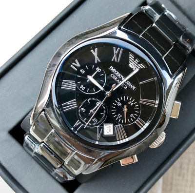 EMPORIO ARMANI 黑色錶盤 黑色陶瓷錶帶 石英 三眼計時 男士手錶 AR1400 亞曼尼腕錶