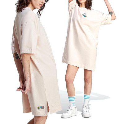 Adidas HK Dress 女 米色 凱蒂貓 休閒 棉質 寬版 短袖 洋裝 II0764