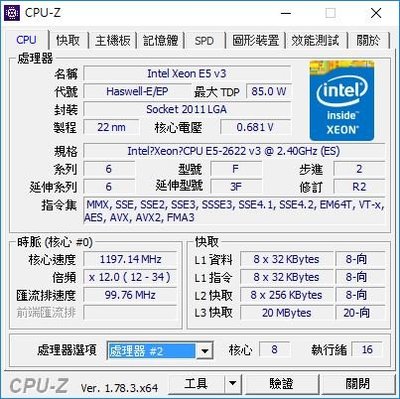 【含稅】Intel Xeon E5-2622 V3 2.4G 8C16T 85W 2011-3 QS正顯CPU 一年保