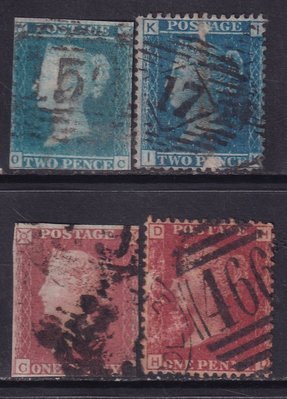 【熱賣下殺價】英國古典郵品-藍便士、紅便士郵票有齒、無齒舊票4枚。
