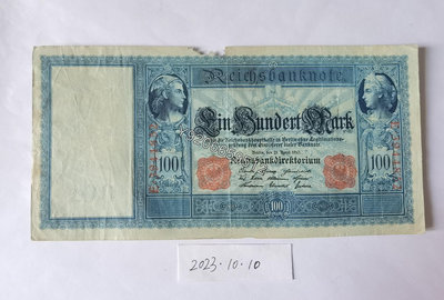 德國1910年100馬克（藍號碼） 外國鈔票 錢鈔 紙鈔【大收藏家】3122