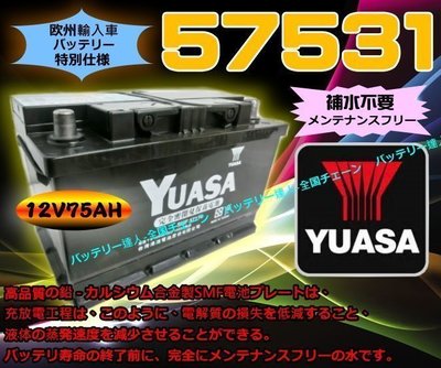【鋐瑞電池】YUASA 湯淺 汽車電瓶 57531 VOLCO GOLF PASSAT 福斯 SAAB BMW