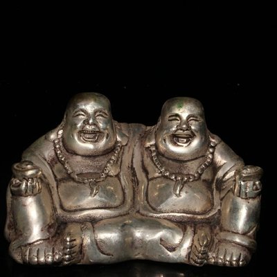 現貨熱銷-【紀念幣】古董收藏 純銅渡銀哥倆好彌勒佛擺件 做工精細