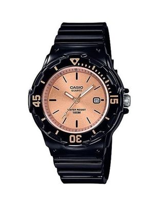 CASIO WATCH 卡西歐小巧玫瑰金面潛水風格黑色膠帶運動腕錶 型號：LRW-200H-9E2【神梭鐘錶】