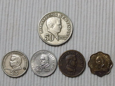 1969年~1983年 菲律賓 50分/25分/5分 硬幣共5枚