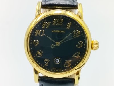 【發條盒子K0135】Montblanc萬寶龍 STAR系列 7005 數字黑面石英鍍金 經典皮帶中型錶款