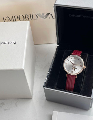 EMPORIO ARMANI Automatic 水鑽圈 鏤空星星 銀色錶盤 酒紅色皮革錶帶 女士 自動機械錶 AR60044