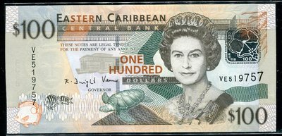 E. C. Antigua (加勒比群島, 英女皇 ,動物 100 Dollars (2016) , 全新UNC