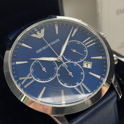 ARMANI阿曼尼男女通用錶,編號AR00003,42mm銀圓形精鋼錶殼,寶藍色三眼, 羅馬數字錶面,寶藍真皮皮革錶帶