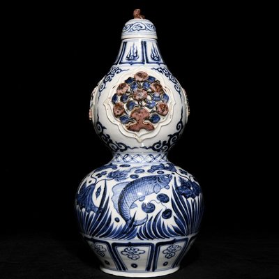 元青花釉里紅捏花魚藻紋葫蘆瓶，高39cm直徑20cm，編號8 瓷器 古瓷 古瓷器