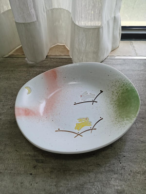 日本回流 美濃燒陶胎小兔子浮雕盤