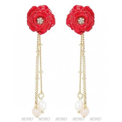 【熱賣精選】Les Nereides 22花語紅玫瑰花朵珍珠水晶流蘇氣質耳釘