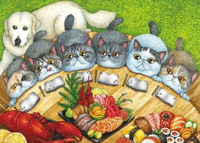 【街頭巷尾】台灣藝術家 創作系列 貓瘋子系列-滿滿毛孩團圓飯 520片拼圖 型號：25-053