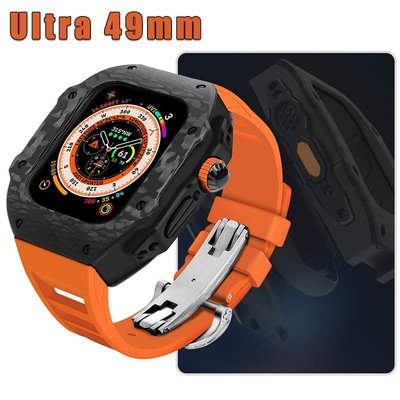 全館免運 於 Apple Watch 8 Ultra 49mm 45mm 44mm 蘋果手錶豪華碳纖維錶殼錶帶套件改裝套裝 可開發票