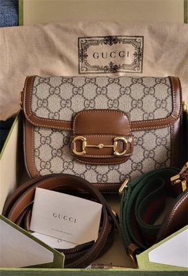 LUX精品GUCCI Horsebit 1955 Mini 迷你馬銜扣雙背帶 肩背包 棕色 658574新款 真品