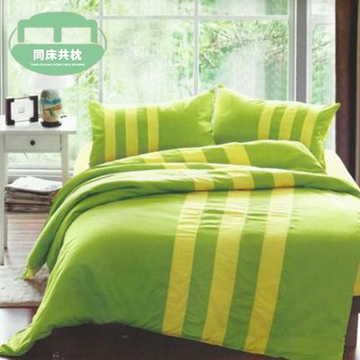 §同床共枕§ 天絲絨 三條線運動風 加大雙人6x6.2尺 薄床包舖棉兩用被四件式組-綠黃