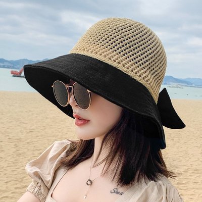 [卡魯科技]漁夫帽 日本 遮陽帽女夏天可折疊小沿防曬帽網眼漁夫帽太陽帽鏤空沙灘編織草帽