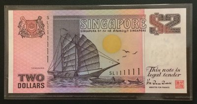 ☆新加坡趣味鈔☆1990年2圓-SL111111-全新-品相如圖