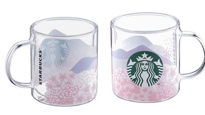 星巴克 粉櫻花海雙層玻璃杯 500ml 臺灣製 玻璃杯 星巴克玻璃杯 綠女神 經典品牌 星巴克玻璃杯 把手玻璃杯