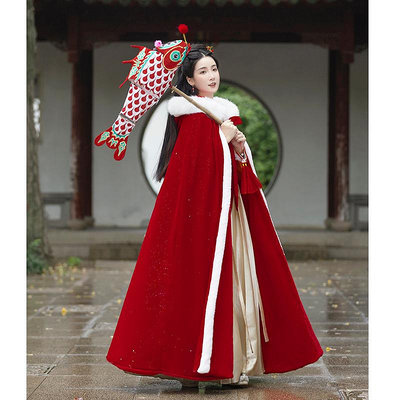 漢服 古典服 漢服斗篷女加絨加厚紅色結婚新娘中國風長款毛-多多百貨