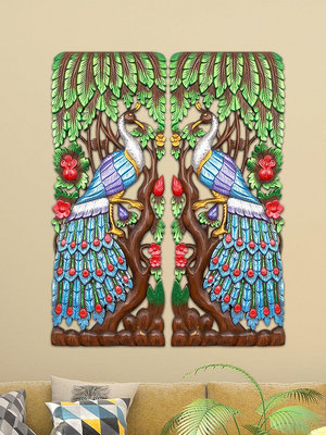 泰國手工木質雕刻鏤空彩繪孔雀墻壁裝飾背景墻墻飾掛件泰式風格 木雕藝術品 壁飾-寶島百貨