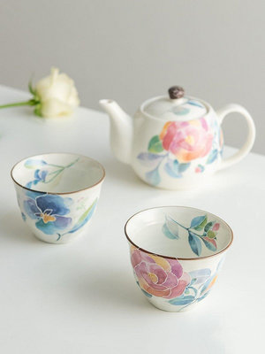 茶藝師 日本進口美濃燒水彩花朵陶瓷茶具禮盒茶杯茶壺下午茶套裝節日送禮