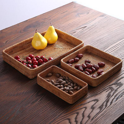 越南藤編方形果盤三合一零食糖果盤果籃茶道零配茶點盒 水果籃