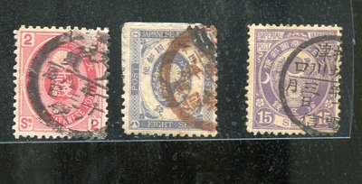 日本郵票#19042503 , 新小判 , 舊票3枚 , 1883-92 , 品相如圖